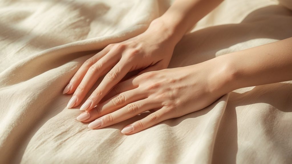 Aesthetic close-up photograph of elegant long press-on manicured hands resting over soft beige linen, natural sunlight, minimal clean luxury style, photorealistic, natural, realistic