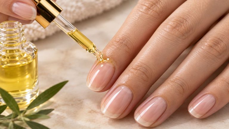 Applying a drop of the best oils for nail growth onto the cuticle matrix