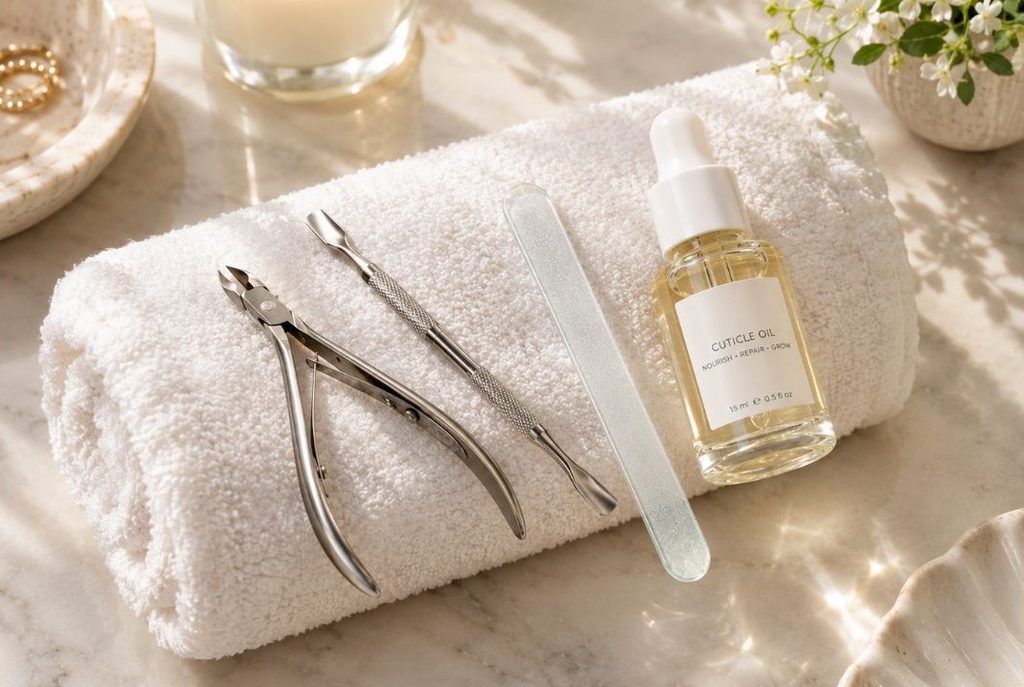 Clean glass nail file and organized manicure tools on a fresh linen towel