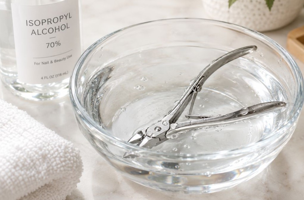 Disinfecting stainless steel nail clippers in an isopropyl alcohol bath for proper nail care
