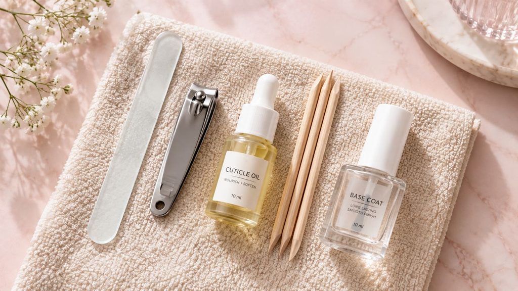 Essential manicure tools for beginners flatlay kit setup