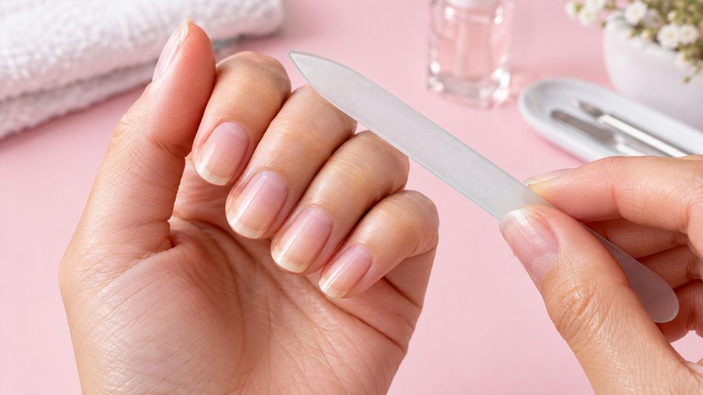 Filing natural nails with a glass file to apply nail polish perfectly
