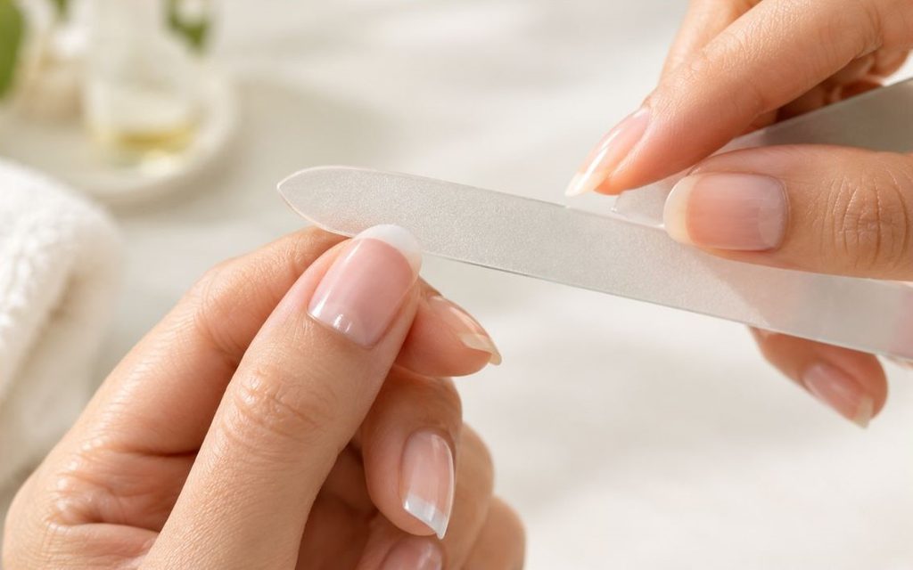 Filing natural nails with crystal glass file