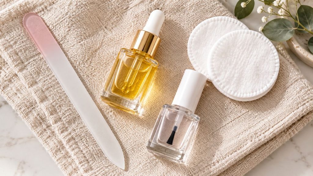 At home nail care setup for applying nail strengthener vs hardener treatments