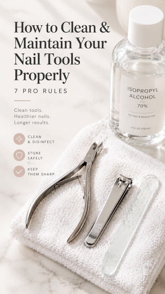 How to clean and maintain nail tools properly with rubbing alcohol and glass file