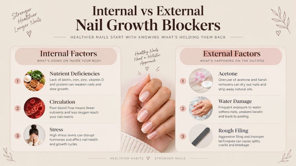 Infographic explaining why your nails grow slowly due to internal and external blockers