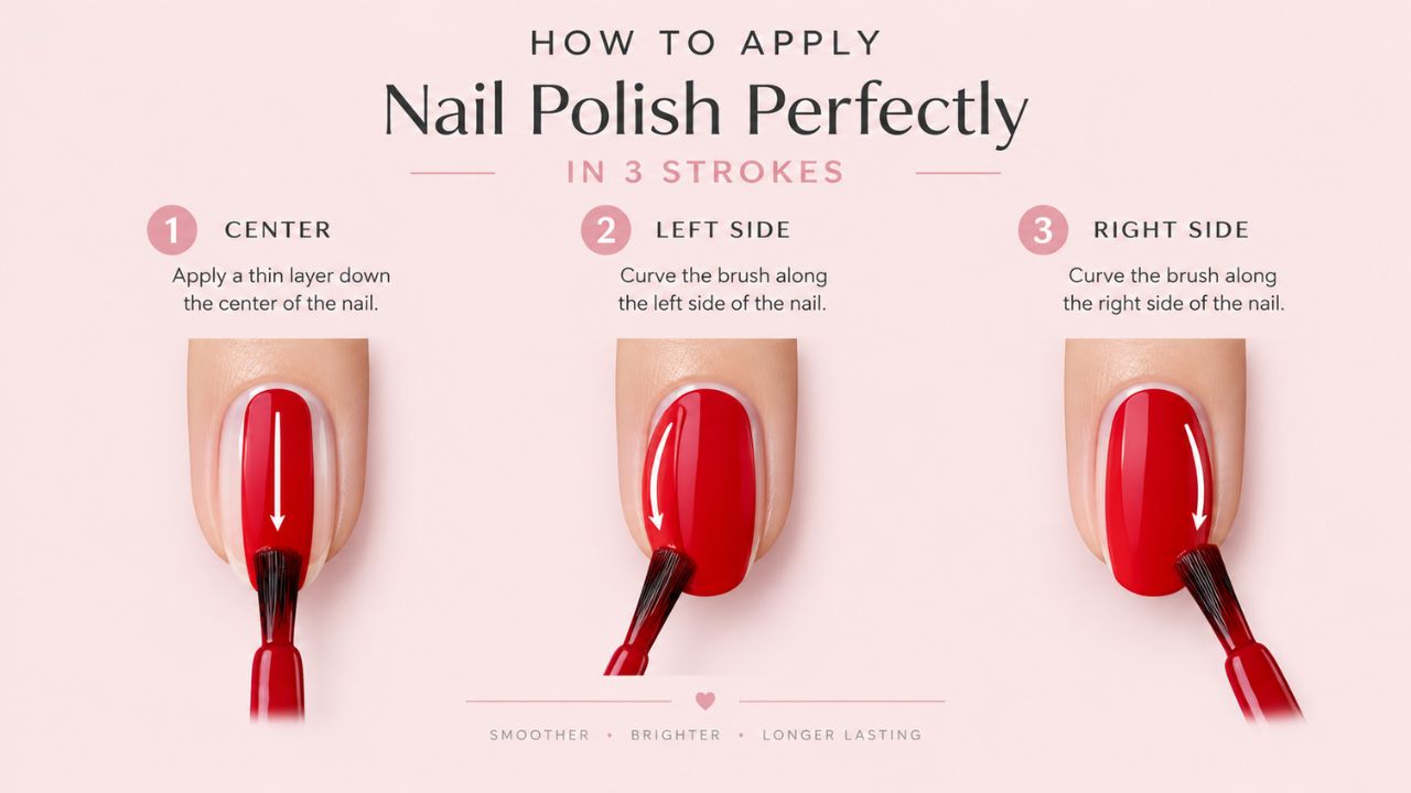 Infographic guide on how to apply nail polish perfectly using three strokes