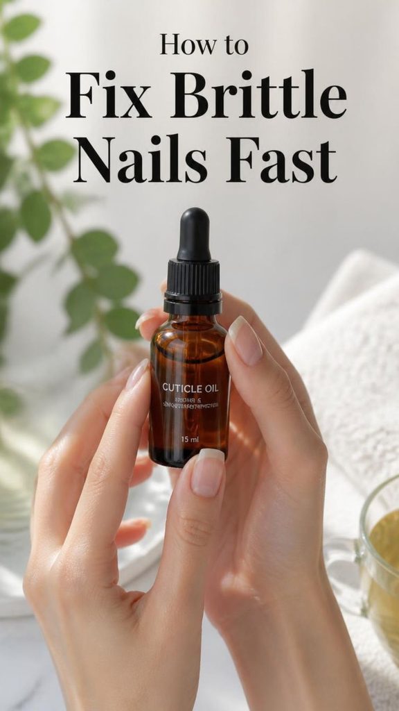 Vertical Pinterest lifestyle photo of an amber cuticle oil dropper bottle, clean aesthetic, bright natural light, photorealistic. realistic. Title How to Fix Brittle Nails Fast. no much text