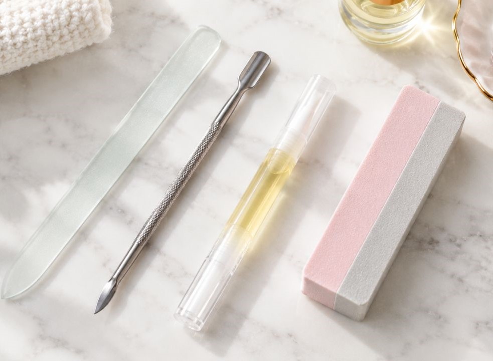 Must-have nail tools for home manicures arranged neatly on marble surface