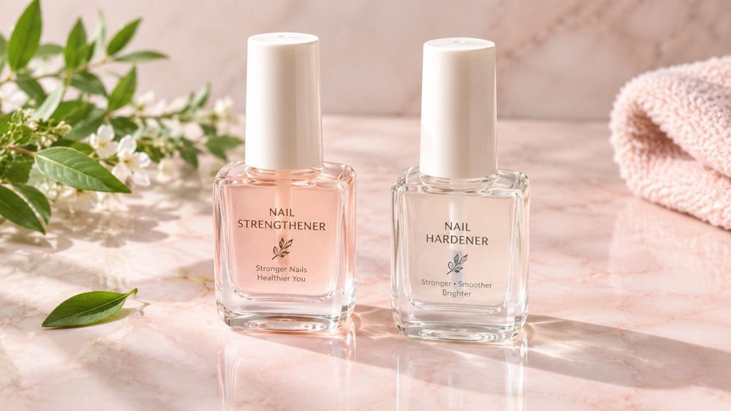 Nail strengthener vs hardener bottles comparison on a beauty desk