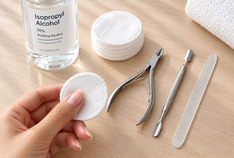 Sanitizing-stainless-steel-nail-tools-with-isopropyl-alcohol
