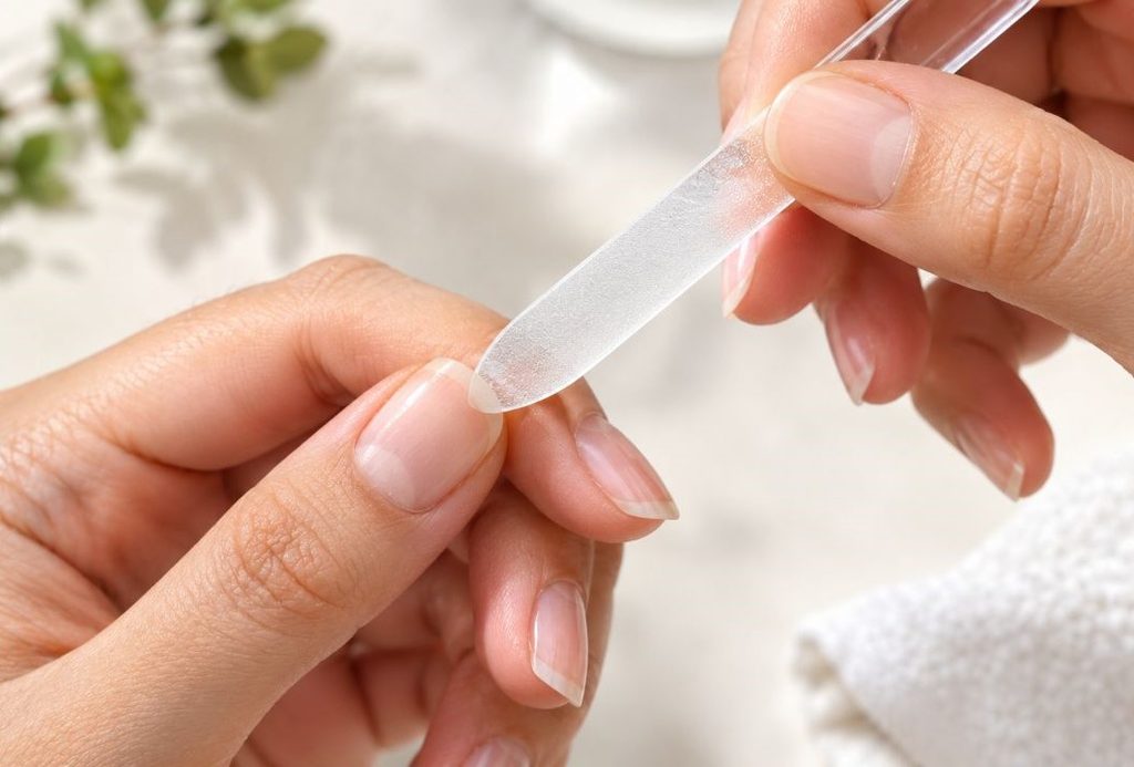 Shaping natural edge with a crystal glass file to fix brittle nails without splitting