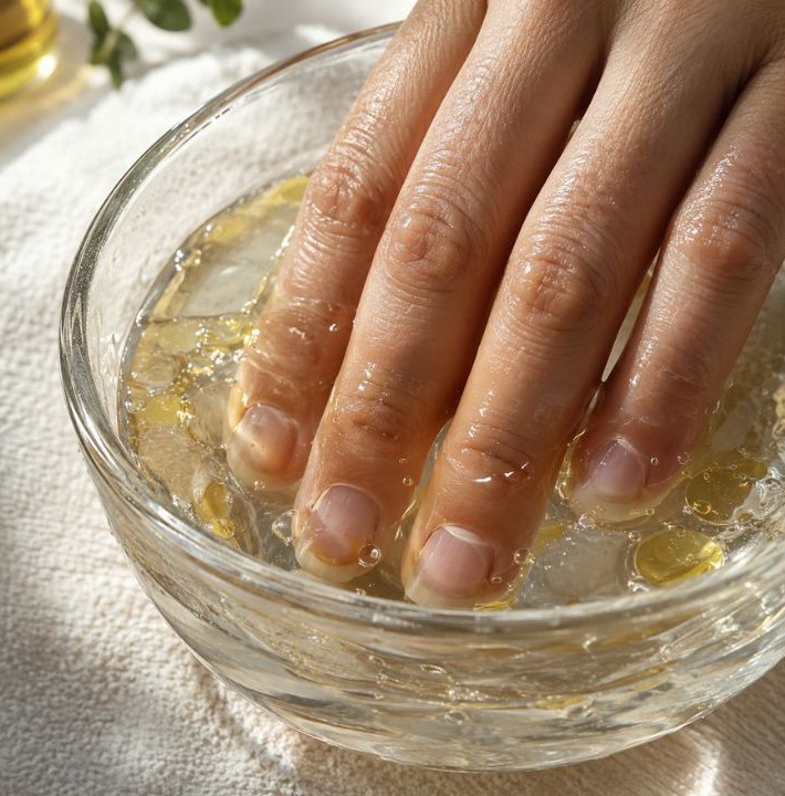 Soaking fingertips in warm soapy water to reuse press-on nails