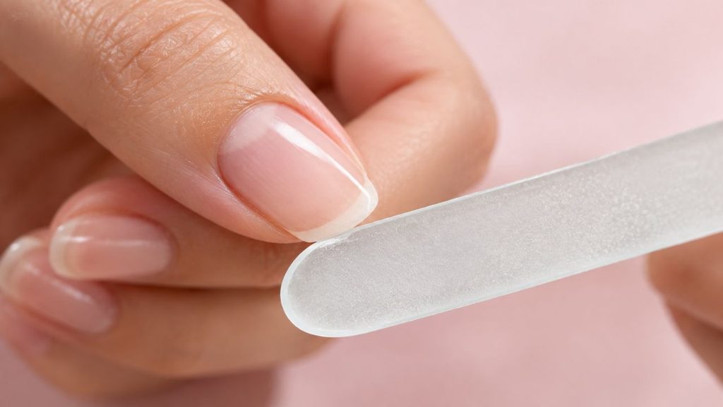 Using a glass nail file from essential manicure tools for beginners