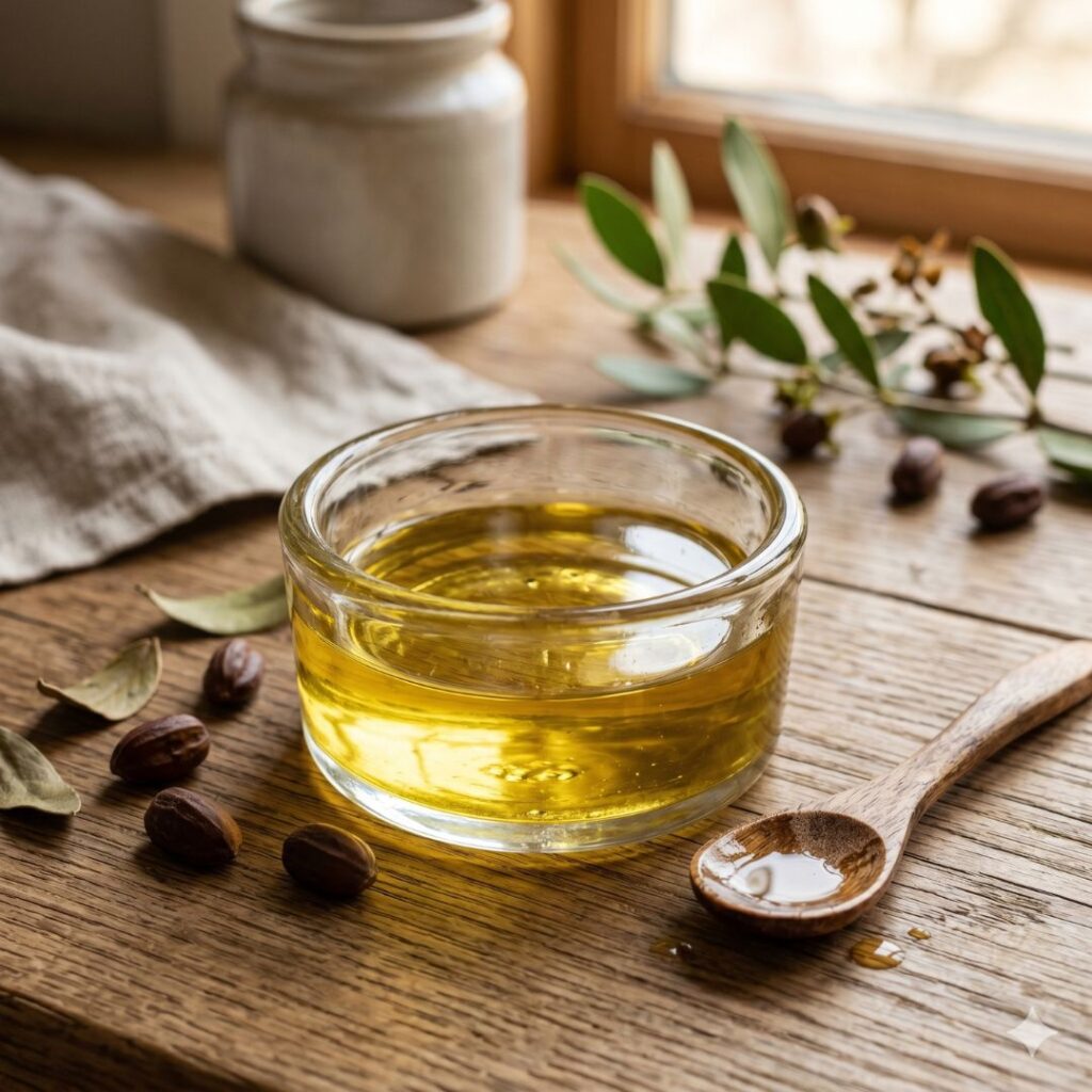 Jojoba oil in a bowl to strengthen weak nails naturally
