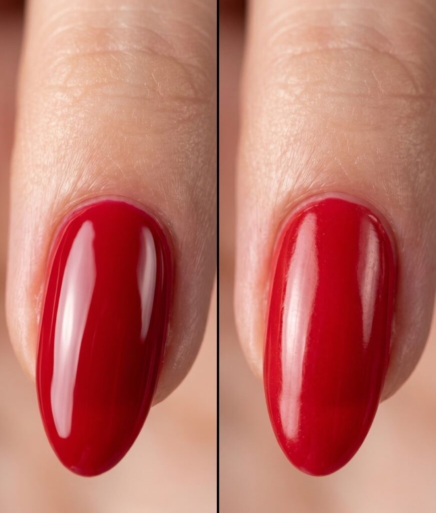 Side by side comparison of gel vs regular polish look.